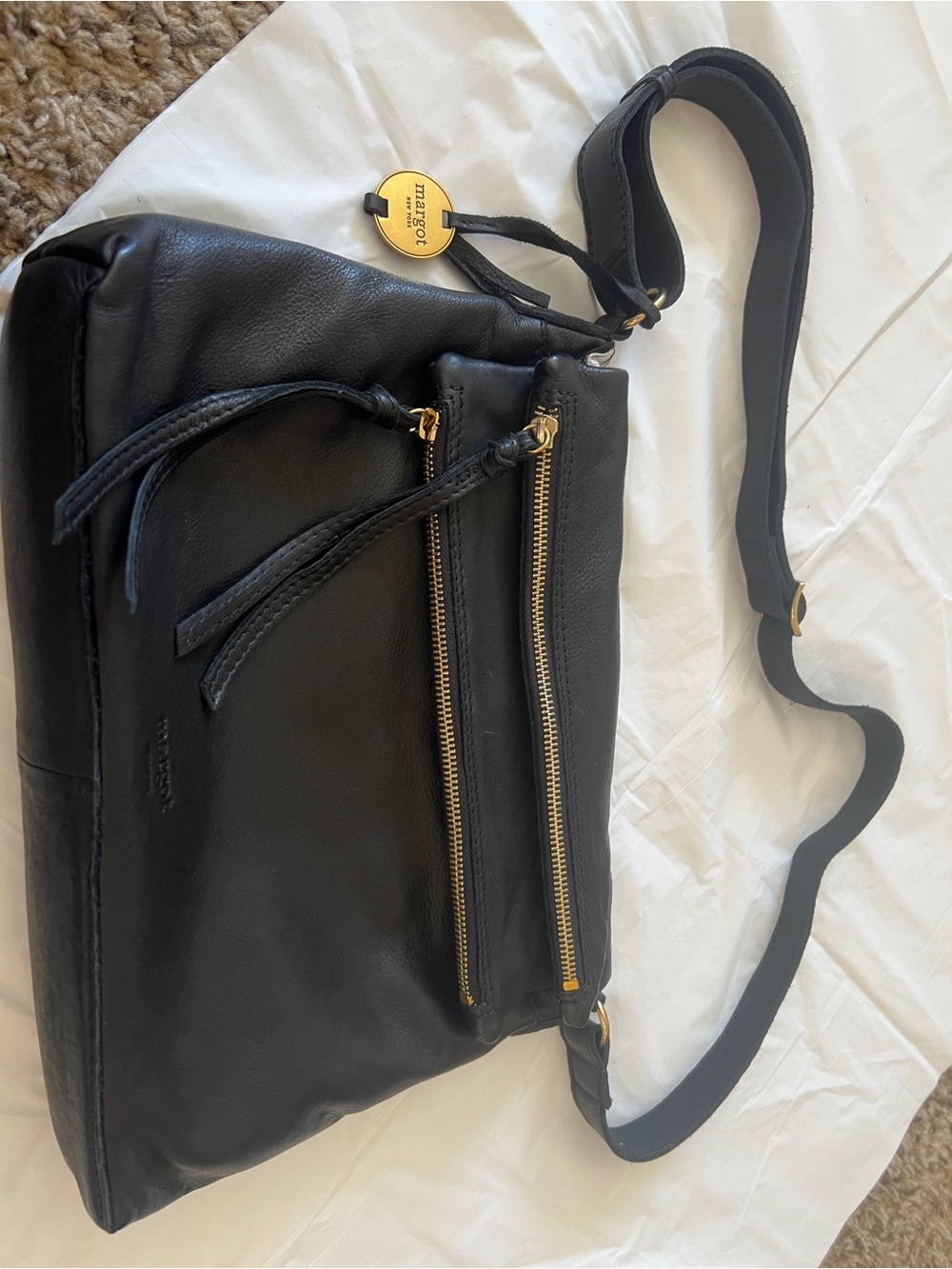 Margot Black Leather Crossbody with Gold Zippers